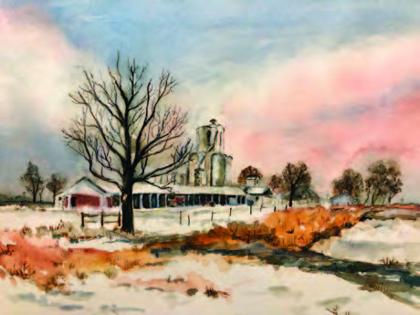 Painting by Ann Rund: Snow covered farmland. Large barren tree in front of a barn and large grain mill