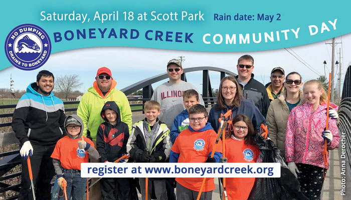 Boneyard Creek Community Day. April 18 at Scott Park. Rain date: May 2