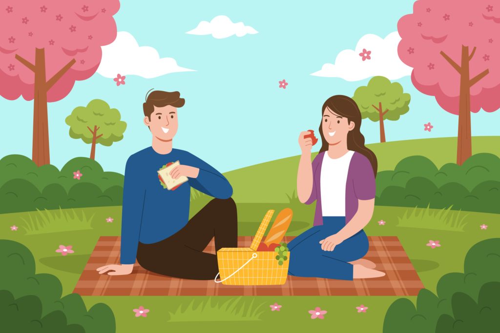 Graphic of couple having a picnic in the park.