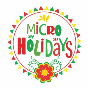 Micro Holidays Logo: Green, Red, and Yellow triangles circle text with points facing outward. Bottom has red, green, and yellow flower with fine lined leaf detail coming off as vines.