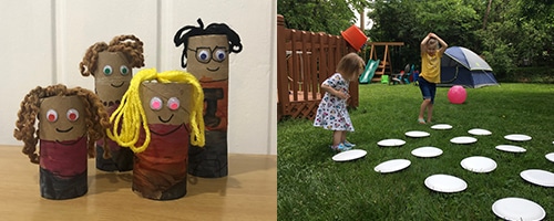 left side: crafted family made of toilet paper tubes, yarn, and googly eyes. Right side: 2 girls standing behind a memory game set up outside in back yard. 4 rows of 4 paper plates line up in front of them. One girl has hands on head in confusion.