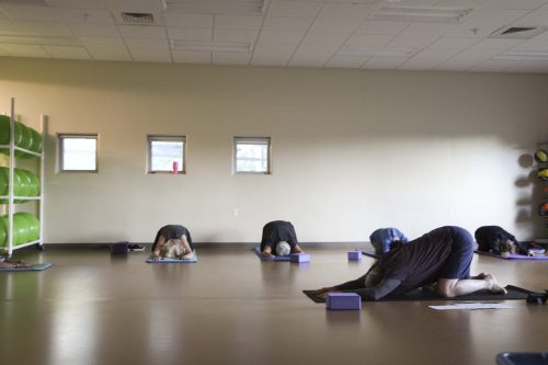 A group of people doing exercises on yoga mats in a fitness studio.