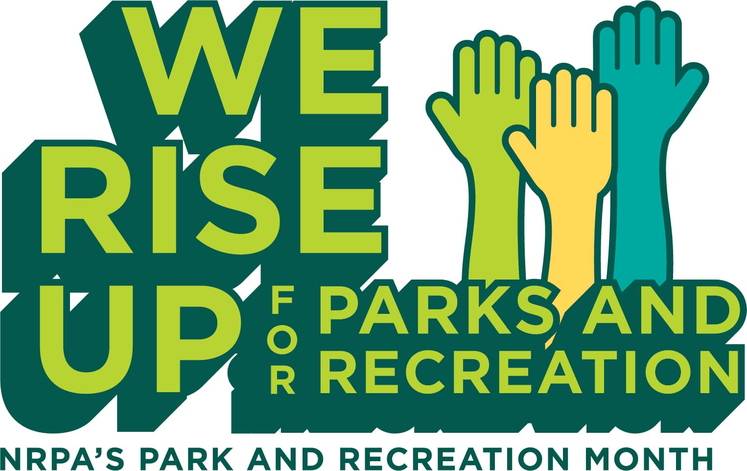 Parks and Recreation Month logo. Hands raised up to show support