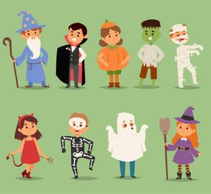 Illustrations of Children in Halloween Costumes. 