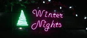 Neon sign that says Winter Nights with Champaign Park district tree logo.