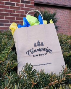 Champaign Park District swag bag with colorful tissue paper decorations.