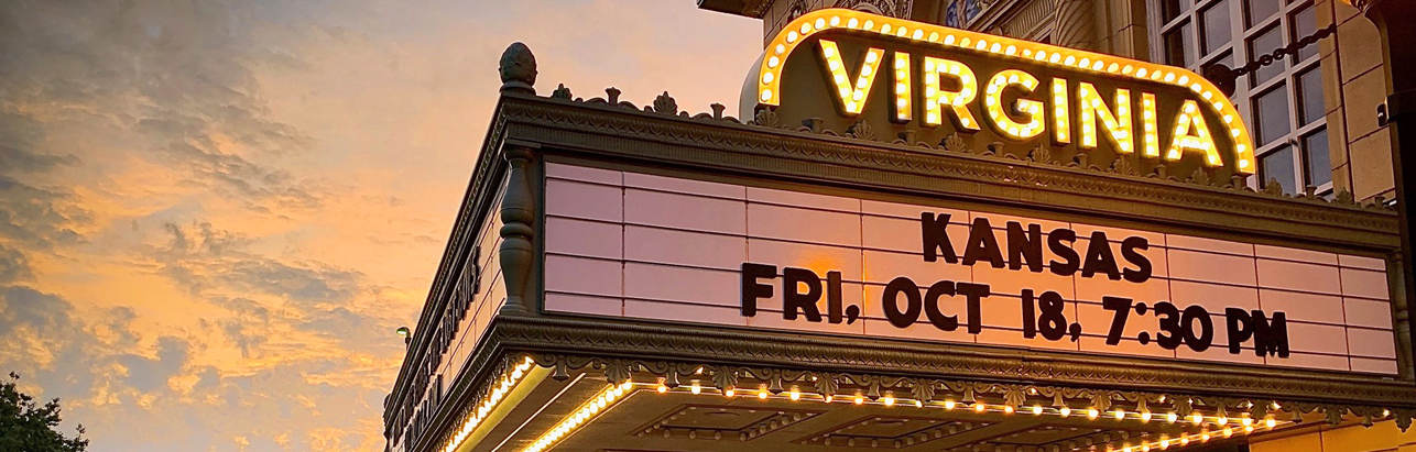 Virginia Theatre Marquee lit up at dusk