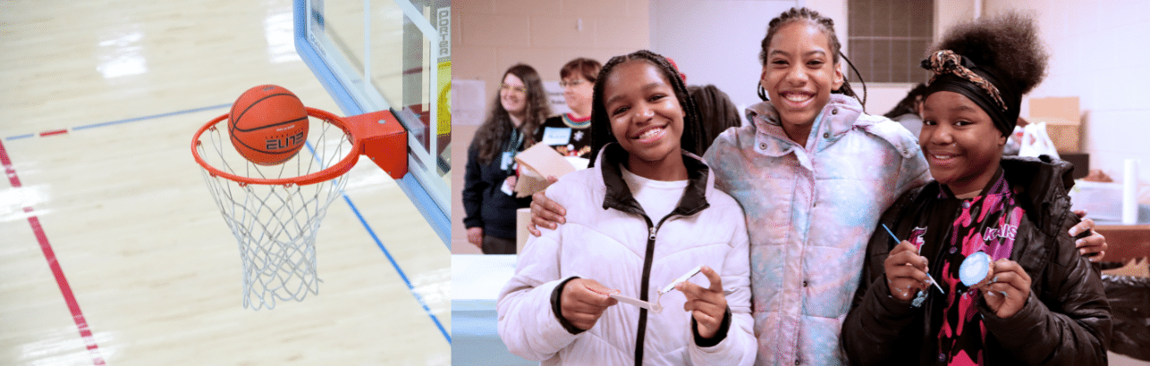 A basketball falls through a hoop on the left and three teen girls hold winter craft projects inside a gym on the right