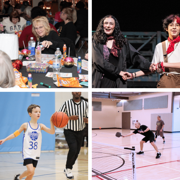 Four images in a collage: Top left, a blonde woman stamps a bingo card; top right, two teens dressed in cyberpunk costumes hold hands on stage; bottom left, a boy dribbles a basketball; bottom right, a man leans over with a pickleball racquet in hand.