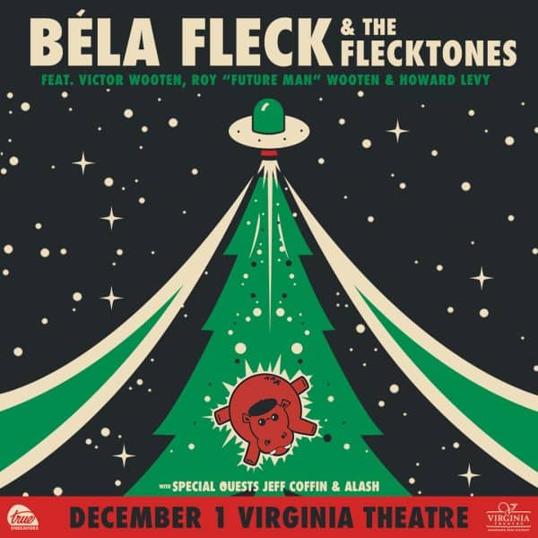 Album Cover with a green tree and red hippo being lifted by a UFO
