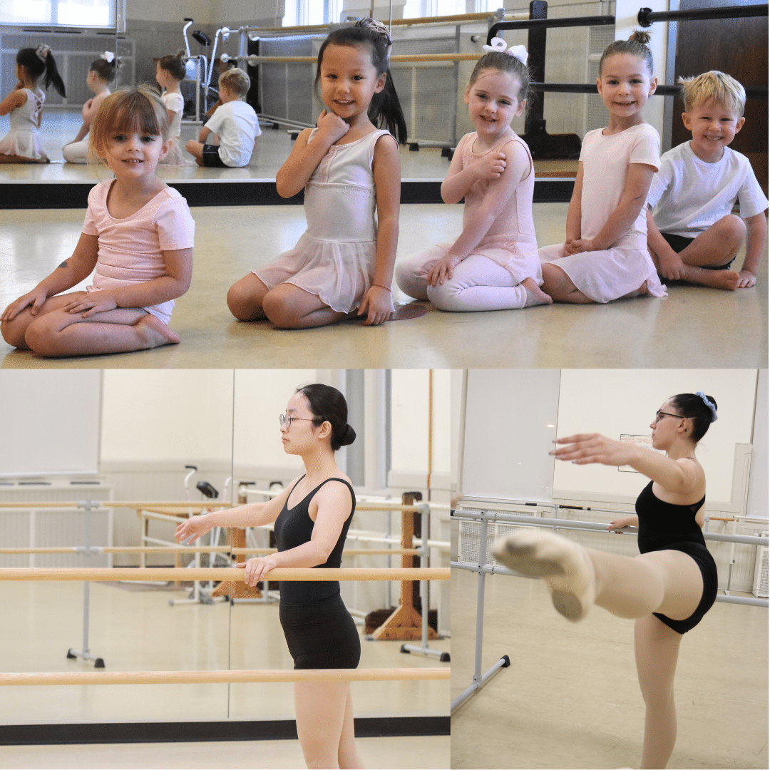 Top: 5 young children sit in a row in leotards. Bottom left: An adult ballerina poses at the barre. Bottom left: A teenage ballerina balances at the barre.