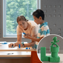 An adult and a teen stand together admiring 3D-printed creations; in the bottom right, a close-up of a 3D-printed Mario.