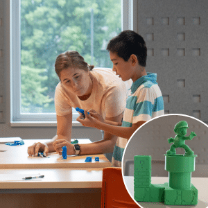 An adult and a teen stand together admiring 3D-printed creations; in the bottom right, a close-up of a 3D-printed Mario.