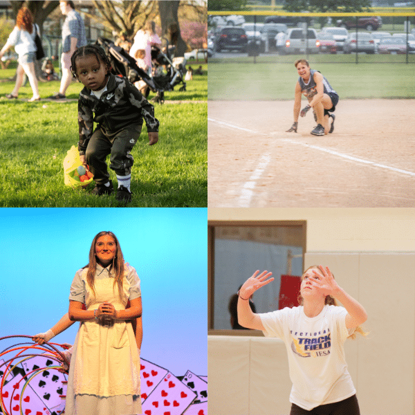 Top left: A young boy hunts for eggs in a grassy park; Top right: An adult kneels down at a softball base; Bottom left: A young actor stands centerstage in an Alice in Wonderland costume; Bottom right: A young athlete stands in position to set a volleyball.