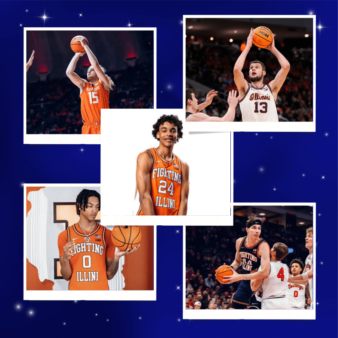 Illini basketball players Tomislav Ivisic, Zvonimir Ivisic, Jake Davis, Lincoln Williams, and Quinten Coleman.